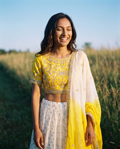 Handwoven Chanderi Silk Kalidar Lehenga Set with Yellow Blouse and Dupatta