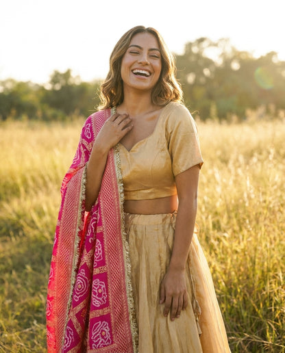 Customisable Tissue Silk Lehenga with Blouse in Gold