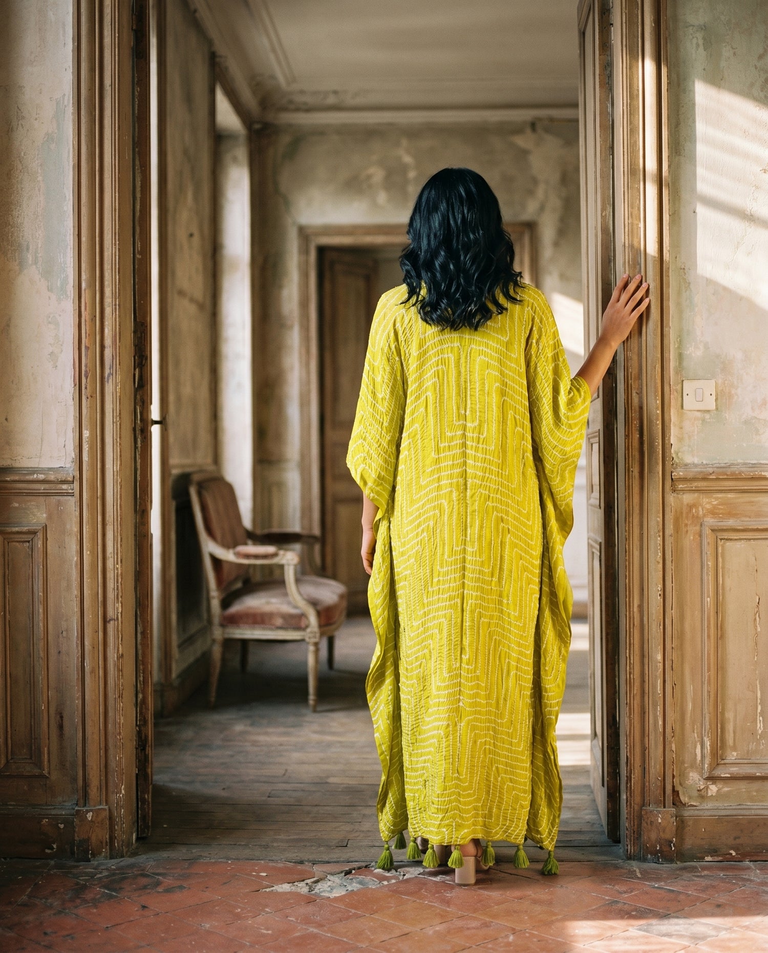 Gajji Silk Bandhani Stitched Kaftan in Citron Green