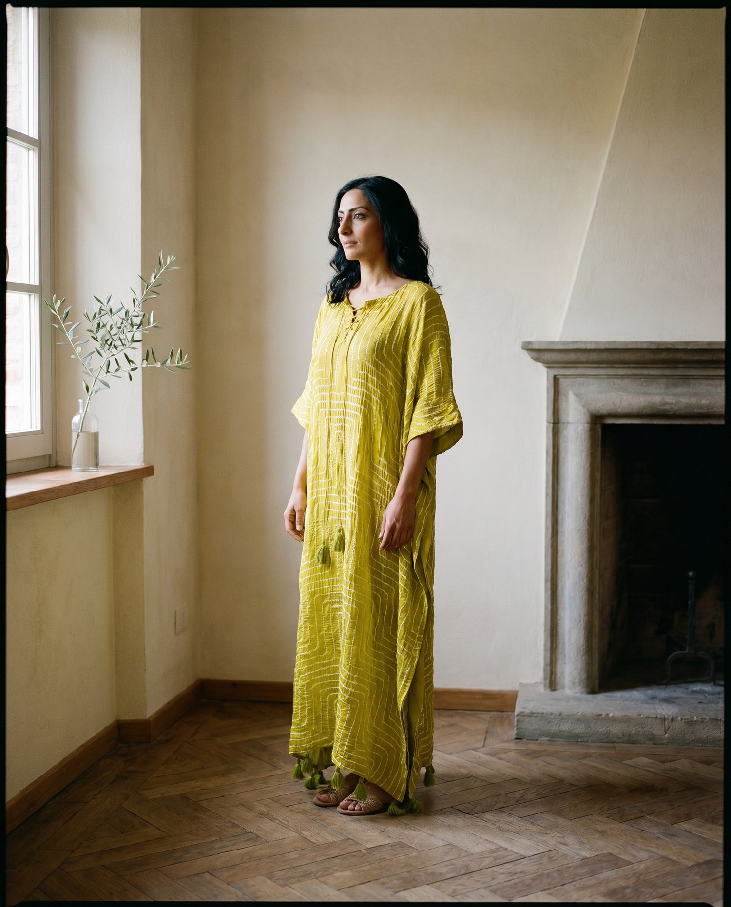Gajji Silk Bandhani Stitched Kaftan in Citron Green
