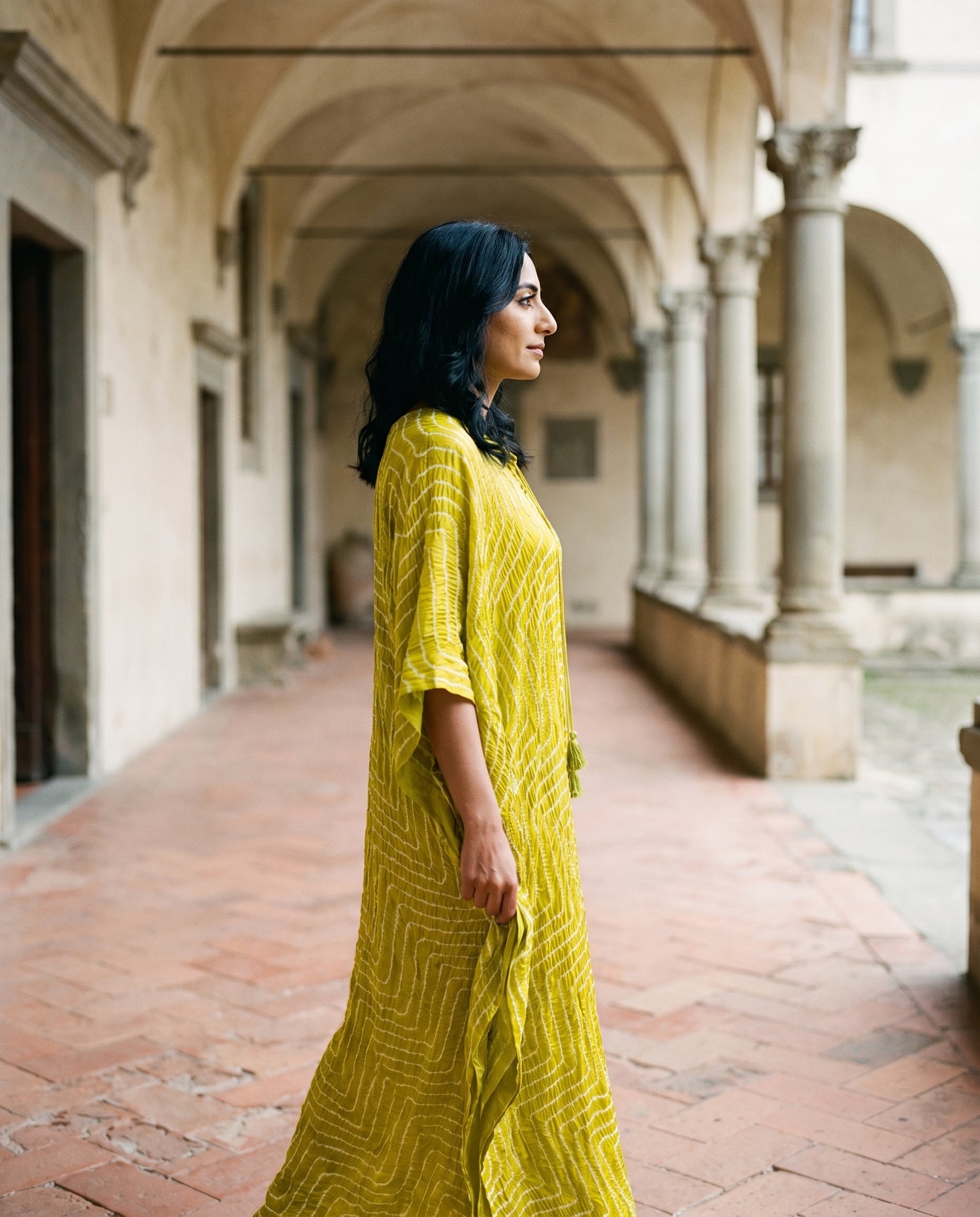 Gajji Silk Bandhani Stitched Kaftan in Citron Green