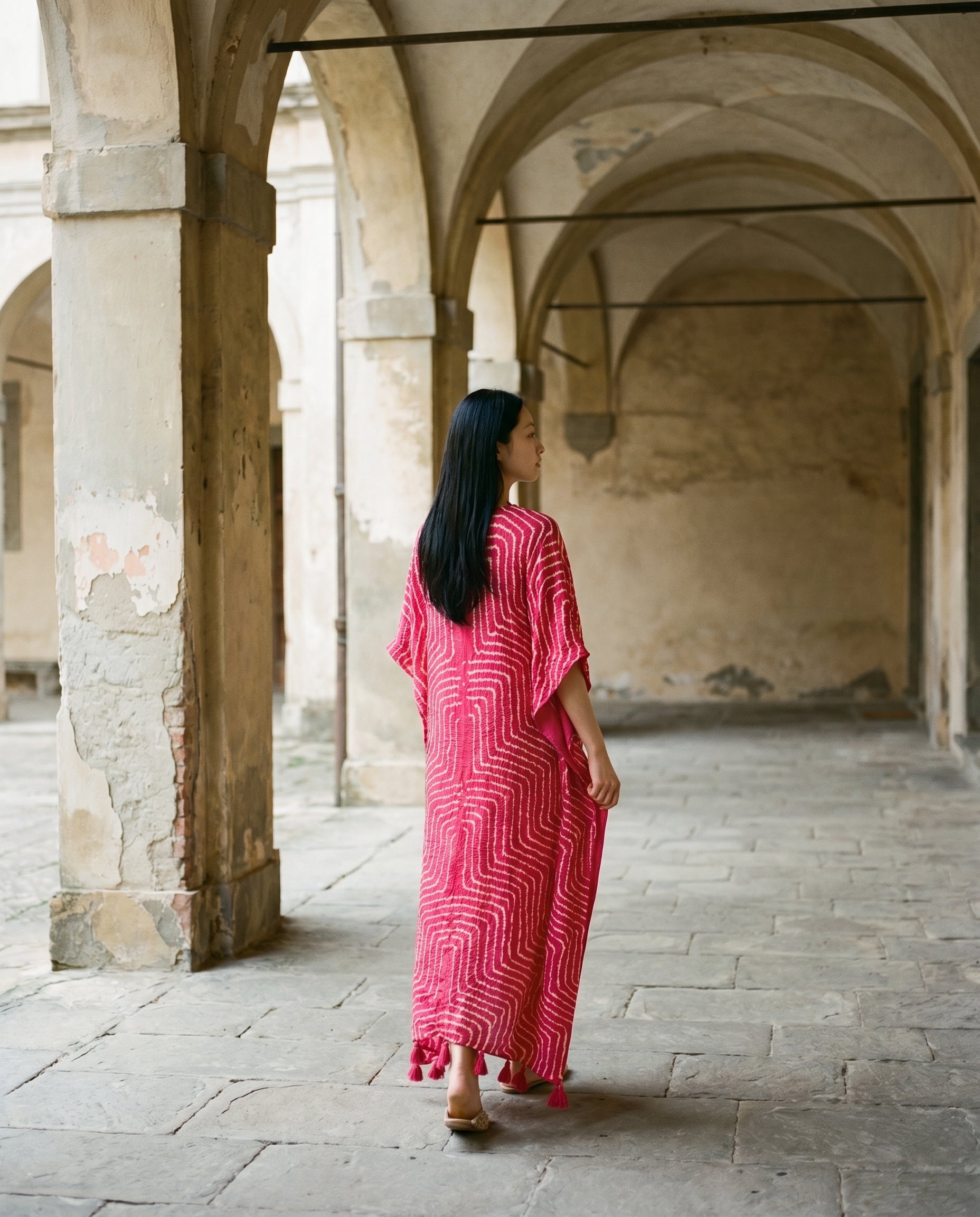 Gajji Silk Bandhani Stitched Kaftan in Rani Pink