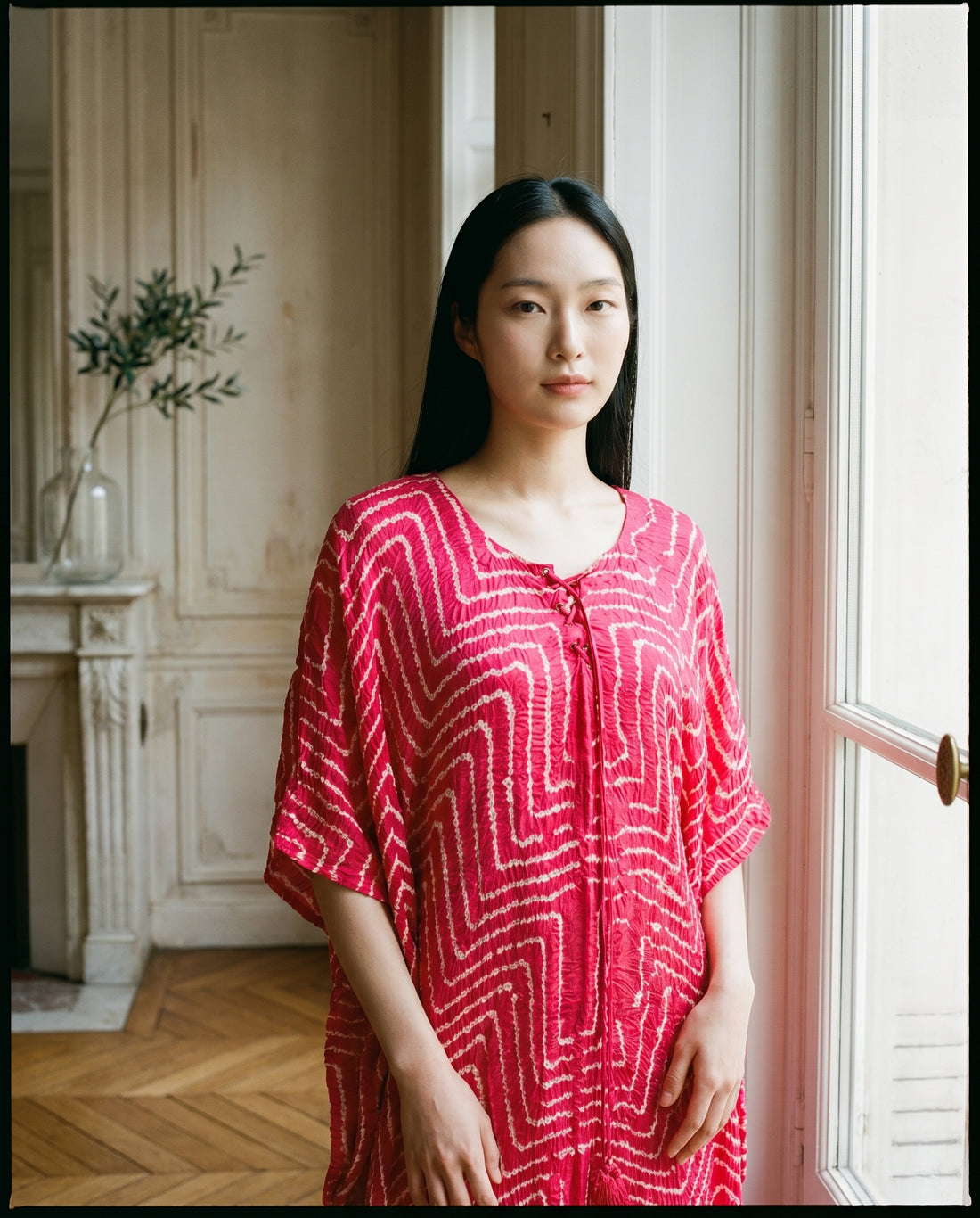 Gajji Silk Bandhani Stitched Kaftan in Rani Pink