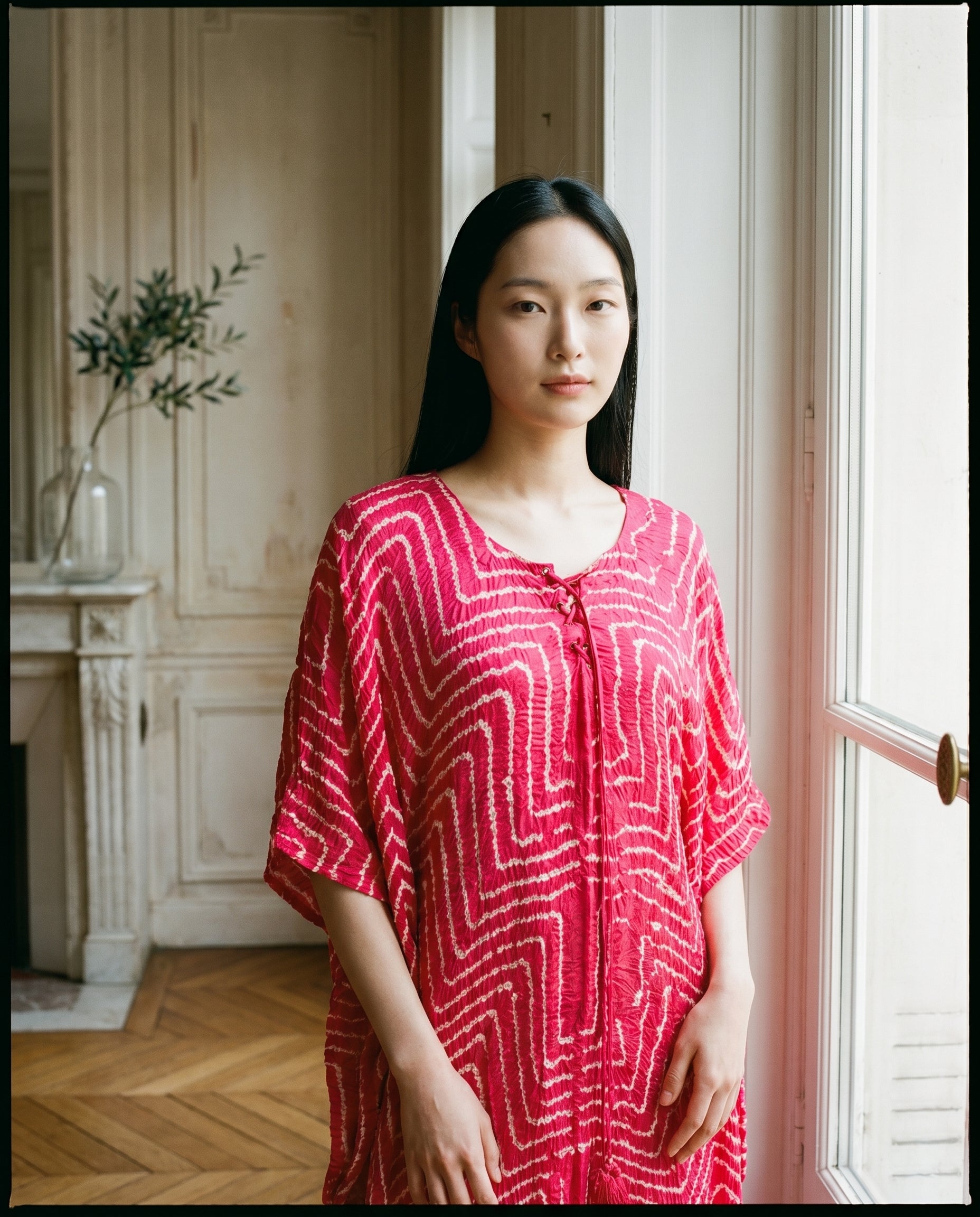 Gajji Silk Bandhani Stitched Kaftan in Rani Pink