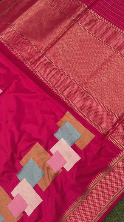 Handwoven Banarasi Katan Silk Double Tani Saree in Cerise Pink