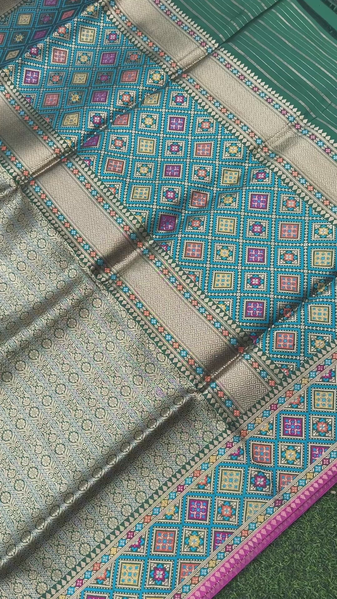 Handwoven Banarasi Katan Silk Patola Border Saree in Bottle Green and Blue