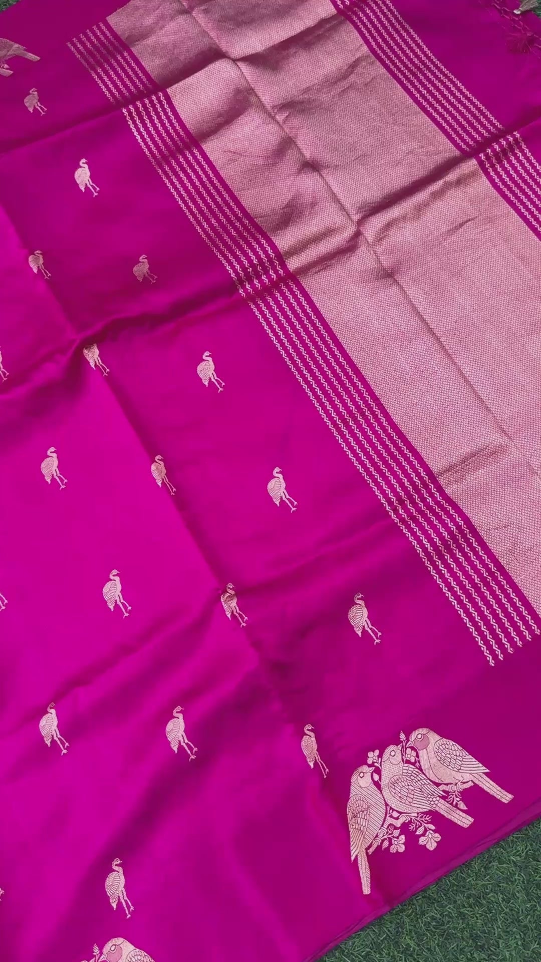 Handwoven Banarasi Katan Silk Bird Motif Saree in Rani Pink