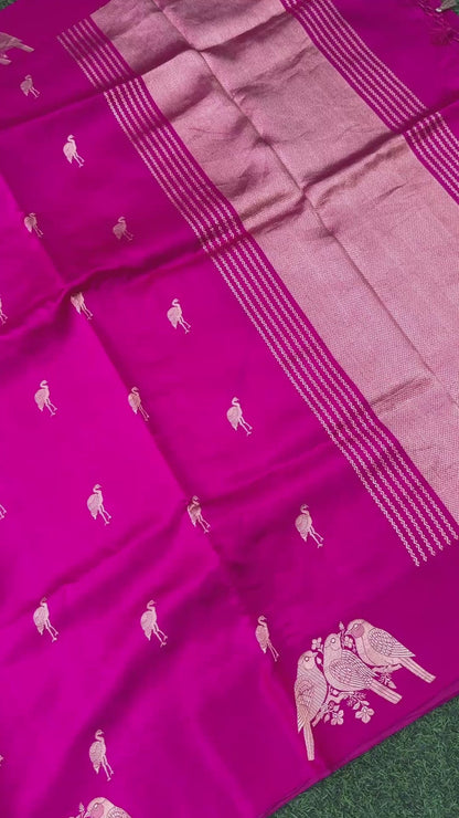 Handwoven Banarasi Katan Silk Bird Motif Saree in Rani Pink