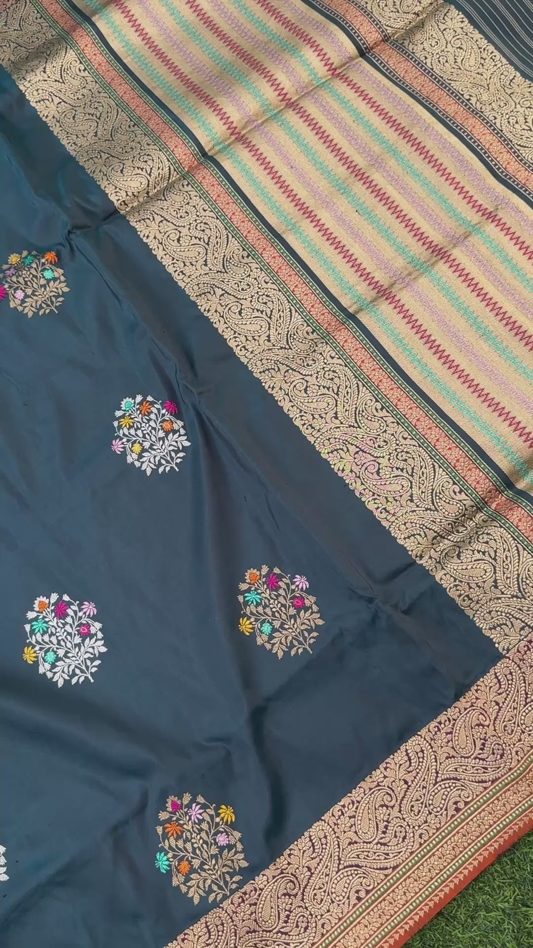 Handwoven Banarasi Katan Silk Kadwa Mina Boota Saree in Prussian Blue