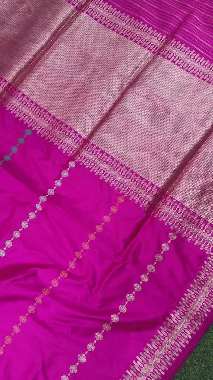 Handwoven Banarasi Katan Silk Kadwa Stripe Saree in Rani Pink