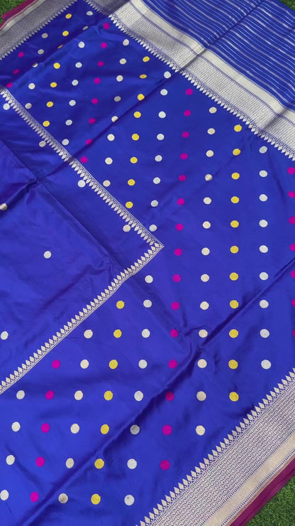Handwoven Banarasi Katan Silk Polka Dot Booti Saree in Royal Blue
