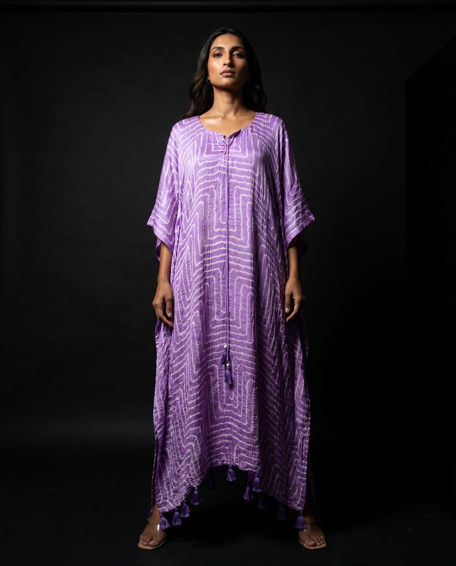 Gajji Silk Bandhani Stitched Kaftan in Lilac Purple