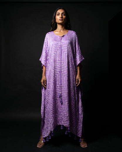 Gajji Silk Bandhani Stitched Kaftan in Lilac Purple