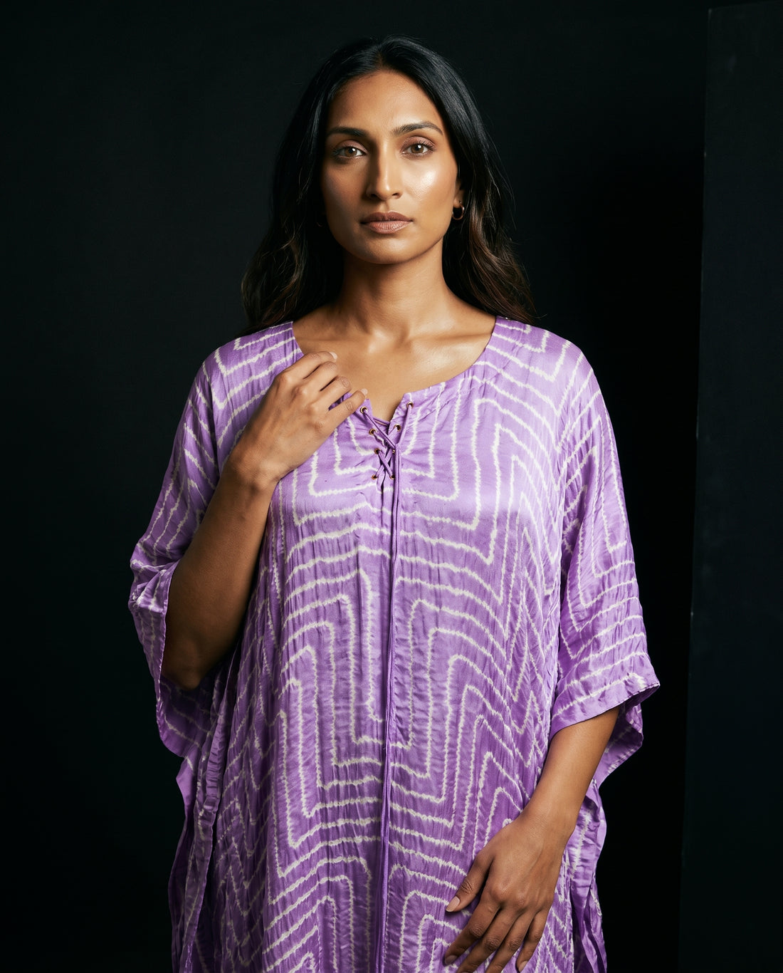 Gajji Silk Bandhani Stitched Kaftan in Lilac Purple
