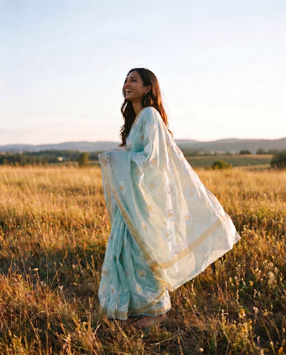 Banarasi Organza Silk Kadwa Handwoven Saree in Aqua Mint
