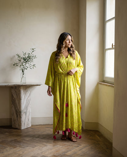 Stitched Sateen Silk Turkish Karanfil Kaftan in Lime Green