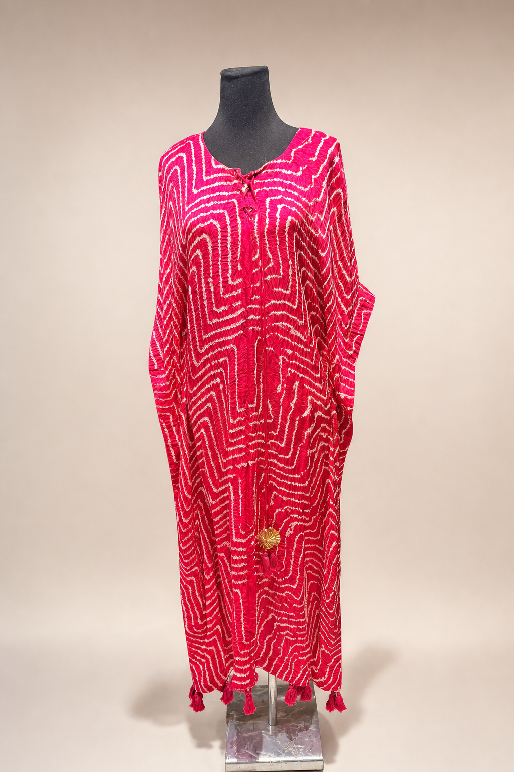Gajji Silk Bandhani Stitched Kaftan in Rani Pink