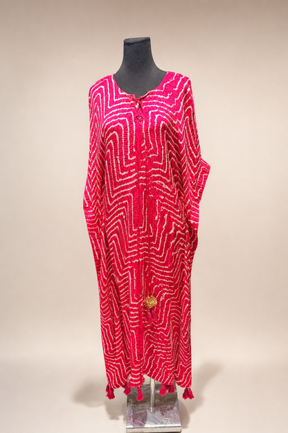 Gajji Silk Bandhani Stitched Kaftan in Rani Pink