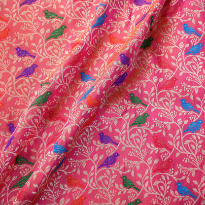 Handwoven Brink Pink Pure Katan Silk Banarasi Shikargah Fabric - Khinkhwab