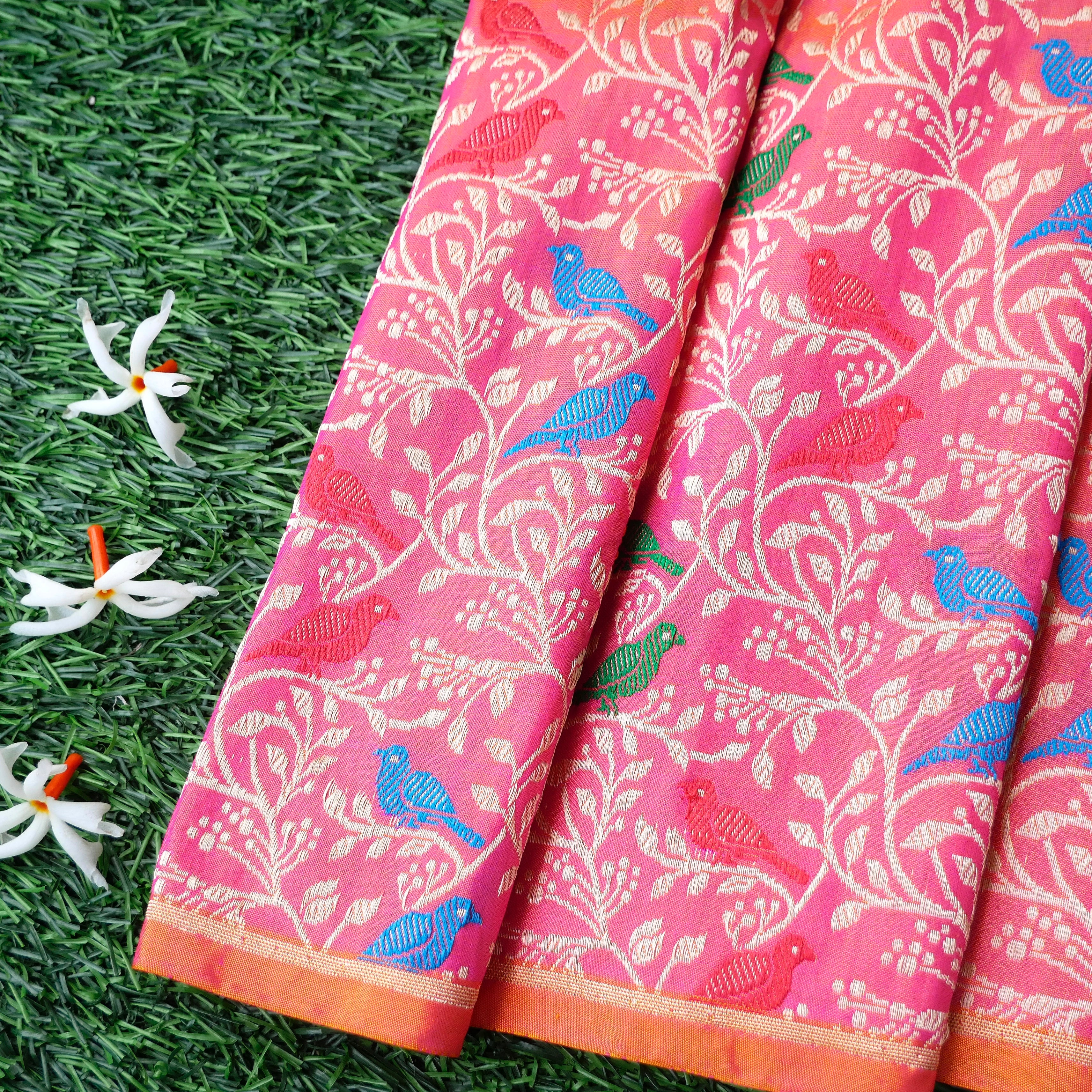 Handwoven Brink Pink Pure Katan Silk Banarasi Shikargah Fabric - Khinkhwab