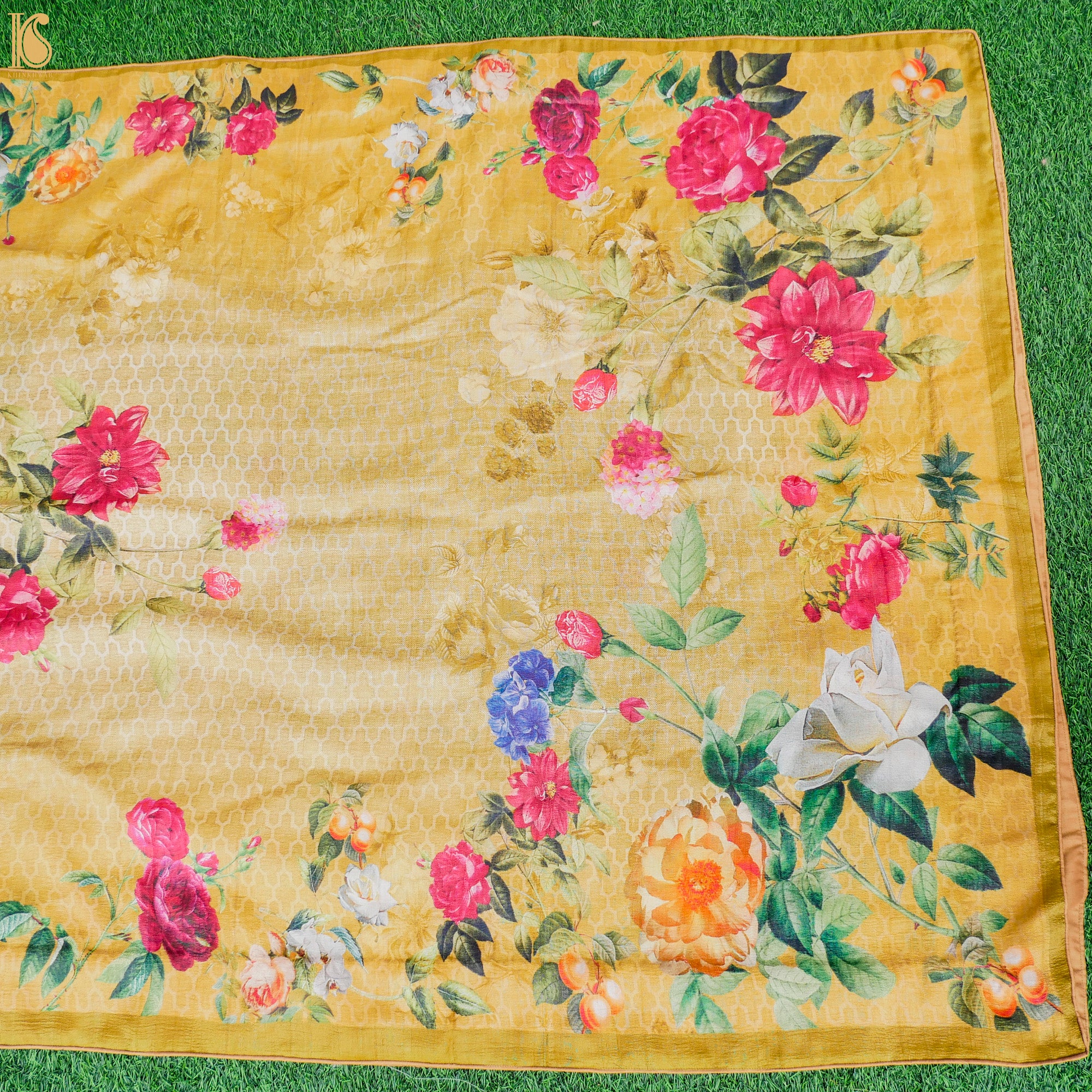 Nugget Yellow Pure Tussar Silk Print Kalidar Stitched Lehenga Set - Khinkhwab