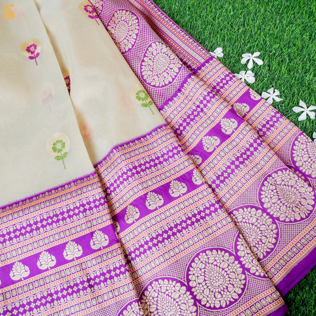 Handloom Banarasi Kora by Tissue Kadwa Green White Saree - Khinkhwab