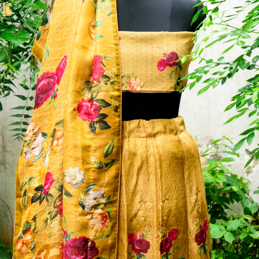 Nugget Yellow Pure Tussar Silk Print Kalidar Stitched Lehenga Set - Khinkhwab