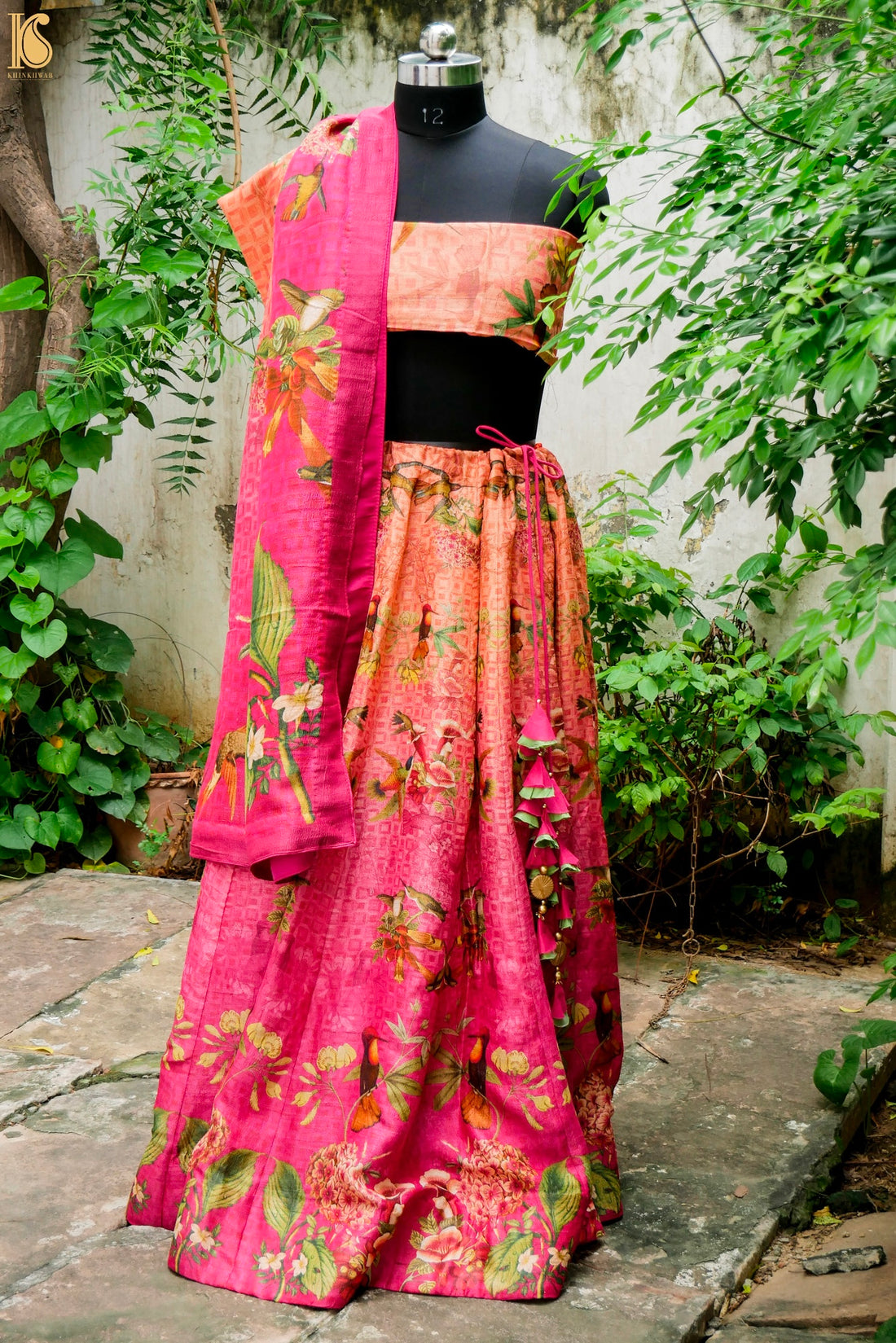 Cerise Pink Pure Tussar Silk Print Kalidar Stitched Lehenga Set - Khinkhwab