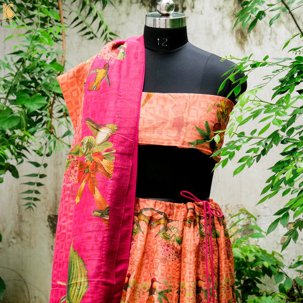 Cerise Pink Pure Tussar Silk Print Kalidar Stitched Lehenga Set - Khinkhwab