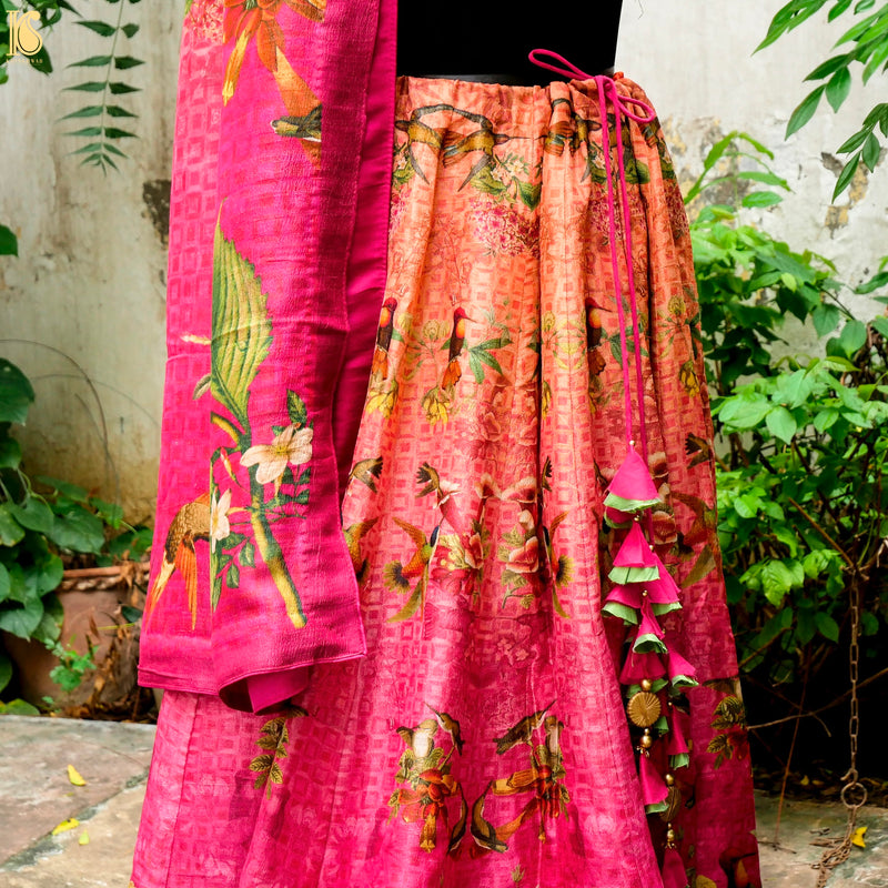 Cerise Pink Pure Tussar Silk Print Kalidar Stitched Lehenga Set - Khinkhwab