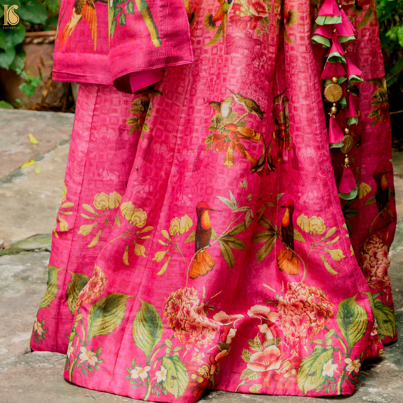 Cerise Pink Pure Tussar Silk Print Kalidar Stitched Lehenga Set - Khinkhwab
