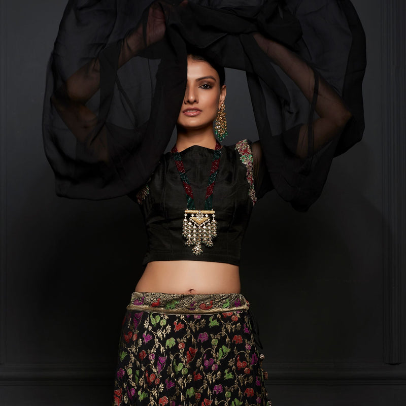 Black Georgette Shikargah Banarasi Shikargah Stitched Lehenga Set - Khinkhwab