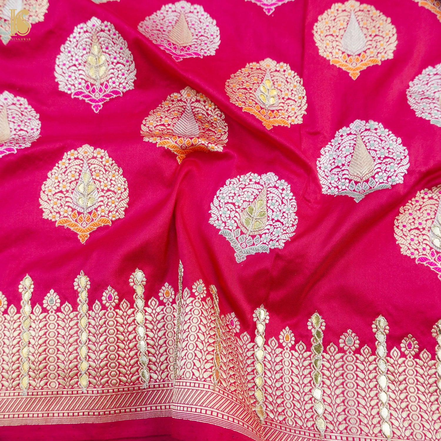 Razzmatazz Pink Handwoven Pure Katan Silk Mor Banarasi Kadwa Embroidery Dupatta - Khinkhwab