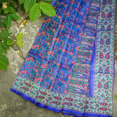 Blue Pure Katan Silk Handloom Banarasi Jamawar Tanchoi Saree - Khinkhwab