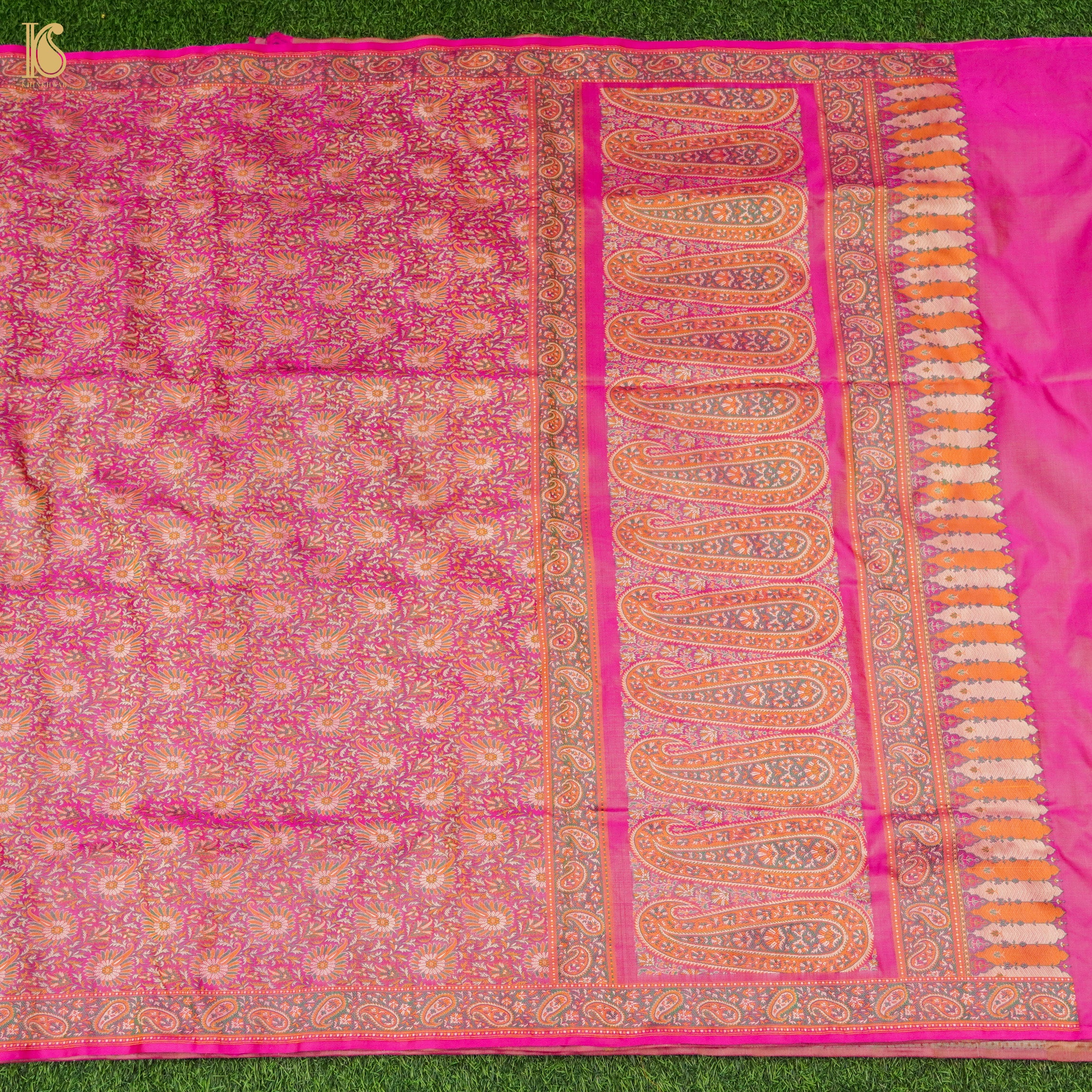 Cerise Pink Pure Katan Silk Handloom Banarasi Jamawar Tanchoi Saree - Khinkhwab