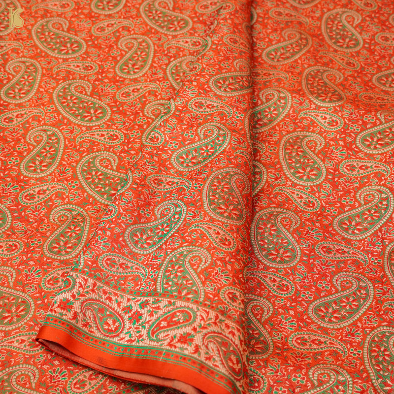 Cinnabar Orange Pure Katan Silk Handloom Banarasi Jamawar Tanchoi Saree - Khinkhwab