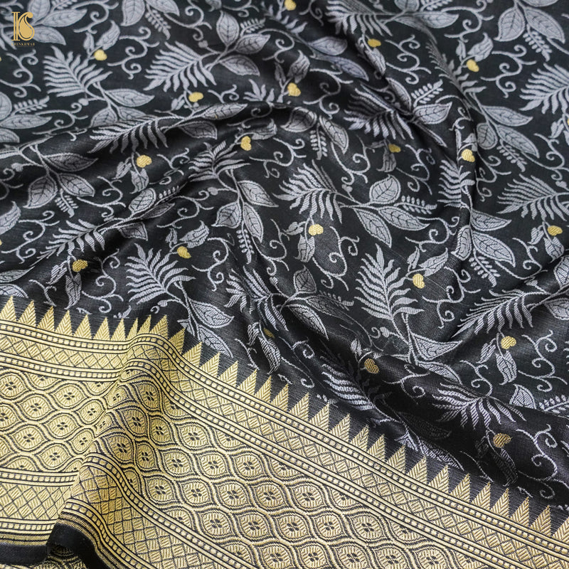 Black Pure Katan Silk Handloom Banarasi Tanchoi Saree - Khinkhwab