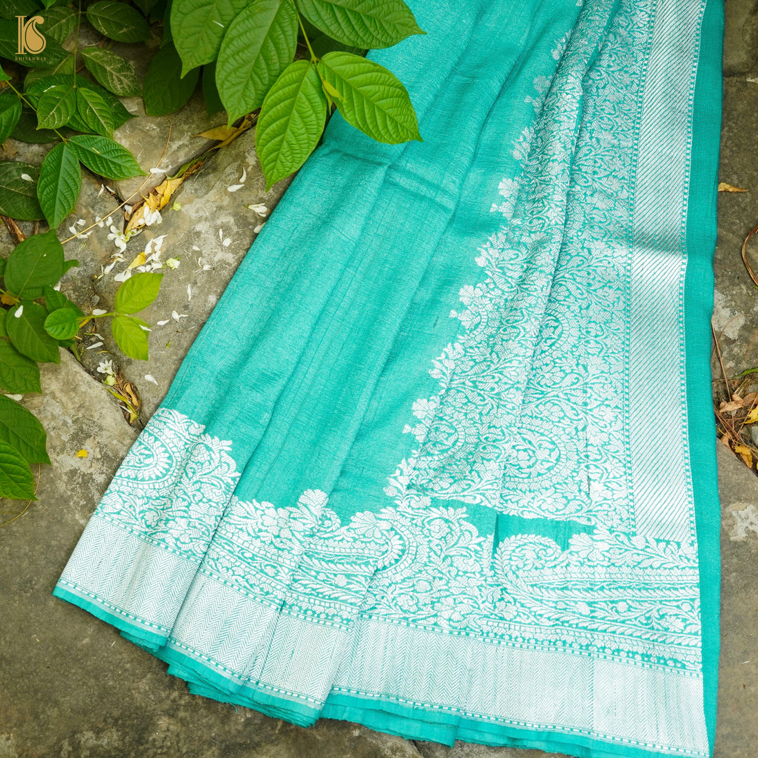 Turquoise Pure Tussar by Georgette Silk Handloom Banarasi Saree - Khinkhwab