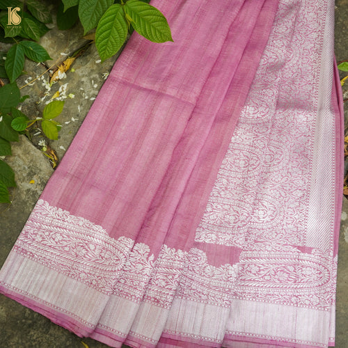 Puce Pink Pure Tussar by Georgette Silk Handloom Banarasi Saree - Khinkhwab