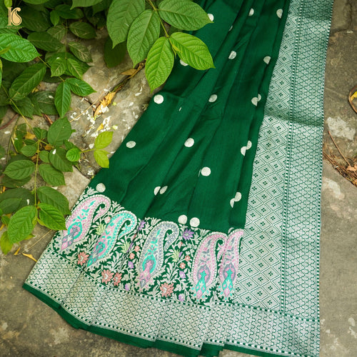 Jewel Green Pure Tussar by Georgette Silk Handloom Banarasi Saree - Khinkhwab