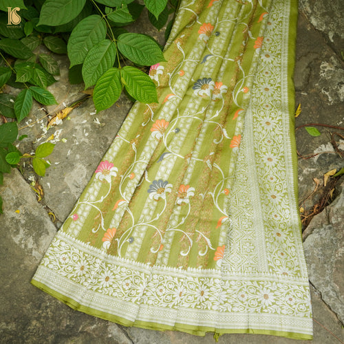 Olive Green Pure Tussar by Georgette Silk Handloom Banarasi Saree - Khinkhwab