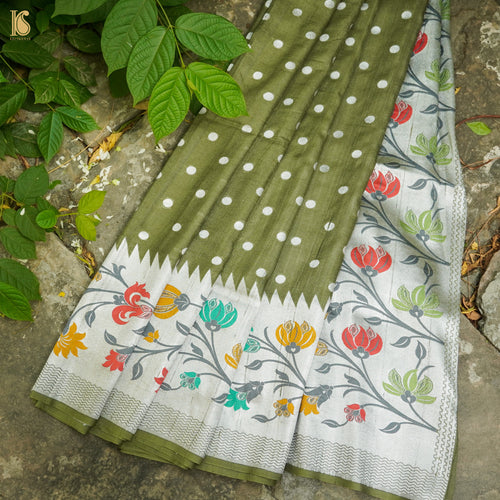 Avocado Green Pure Tussar by Georgette Silk Handloom Banarasi Saree - Khinkhwab