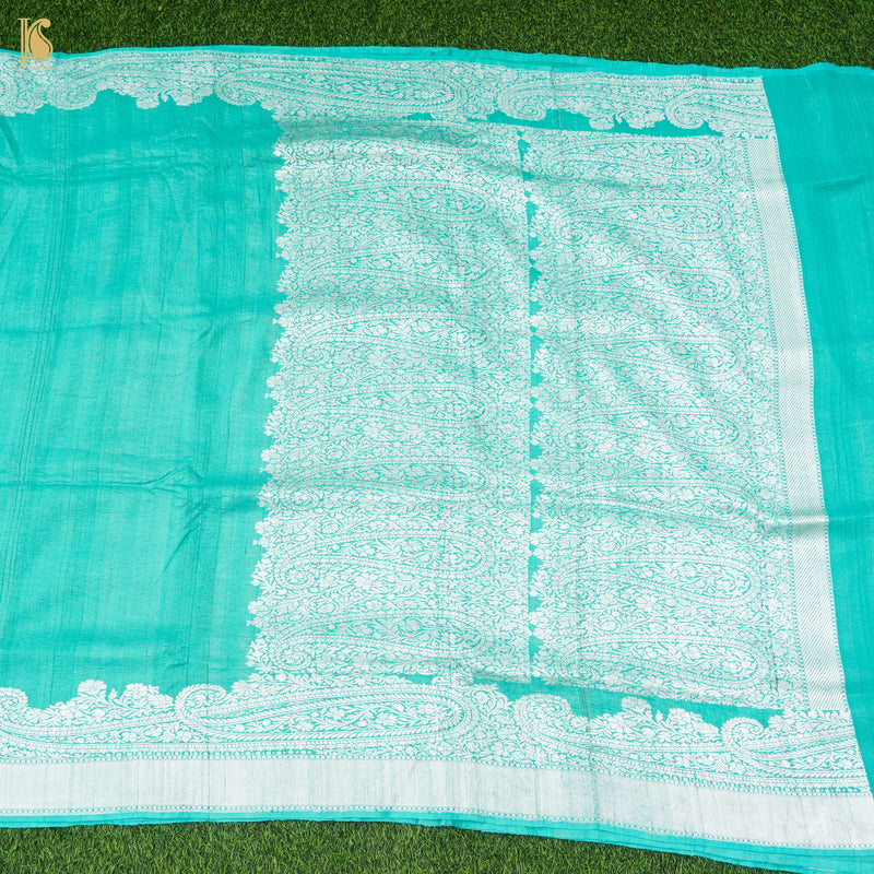 Turquoise Pure Tussar by Georgette Silk Handloom Banarasi Saree - Khinkhwab