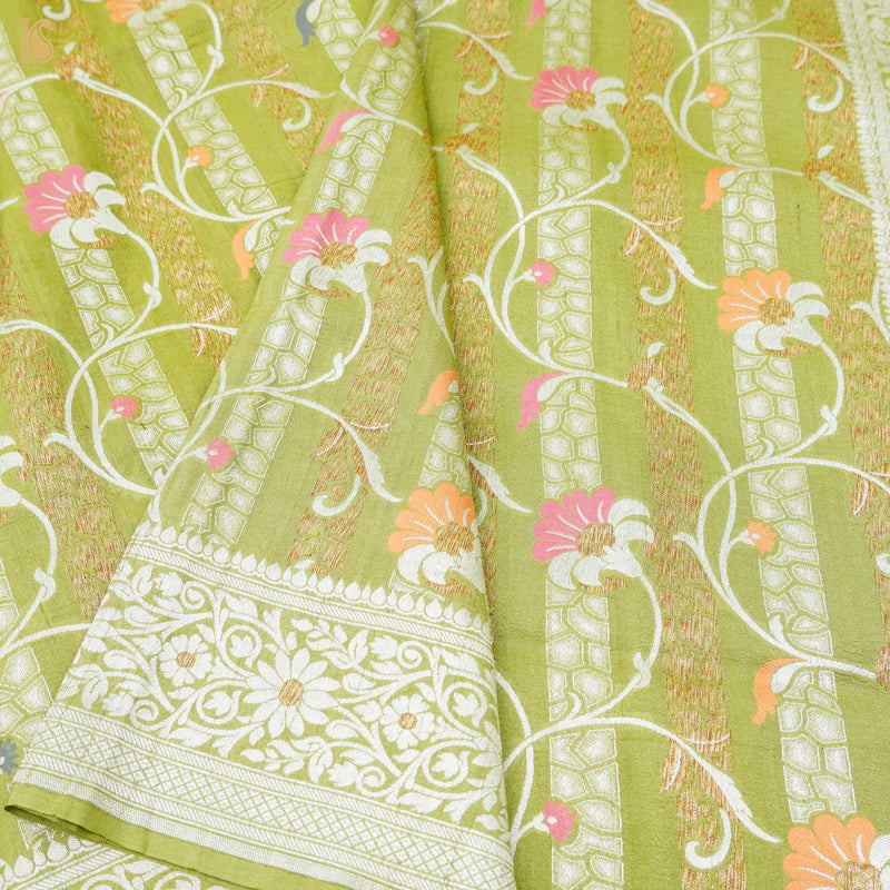 Olive Green Pure Tussar by Georgette Silk Handloom Banarasi Saree - Khinkhwab