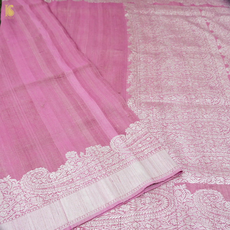 Puce Pink Pure Tussar by Georgette Silk Handloom Banarasi Saree - Khinkhwab