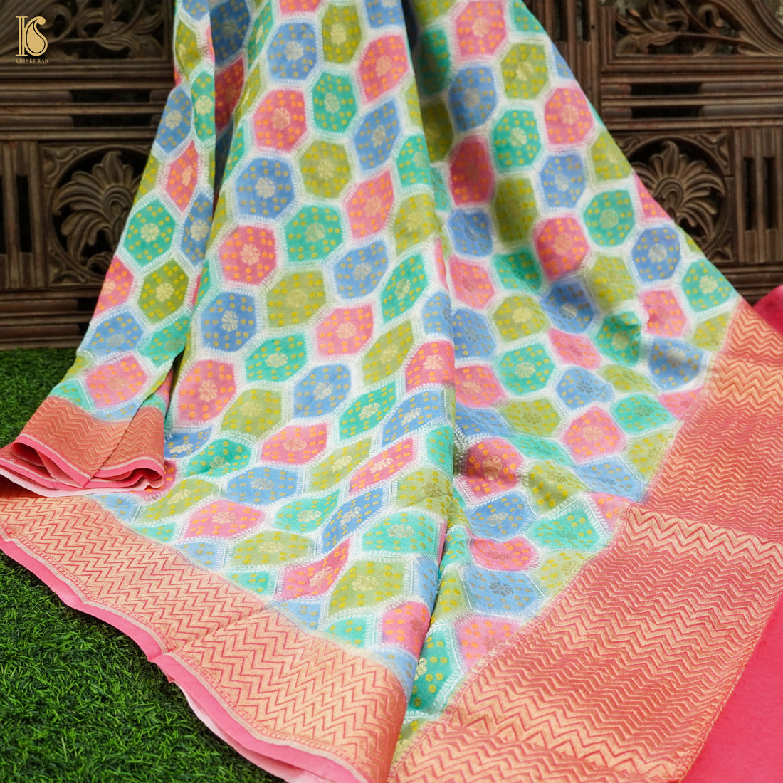 Pink Pure Georgette Banarasi Dupatta with Woven Dots - Khinkhwab