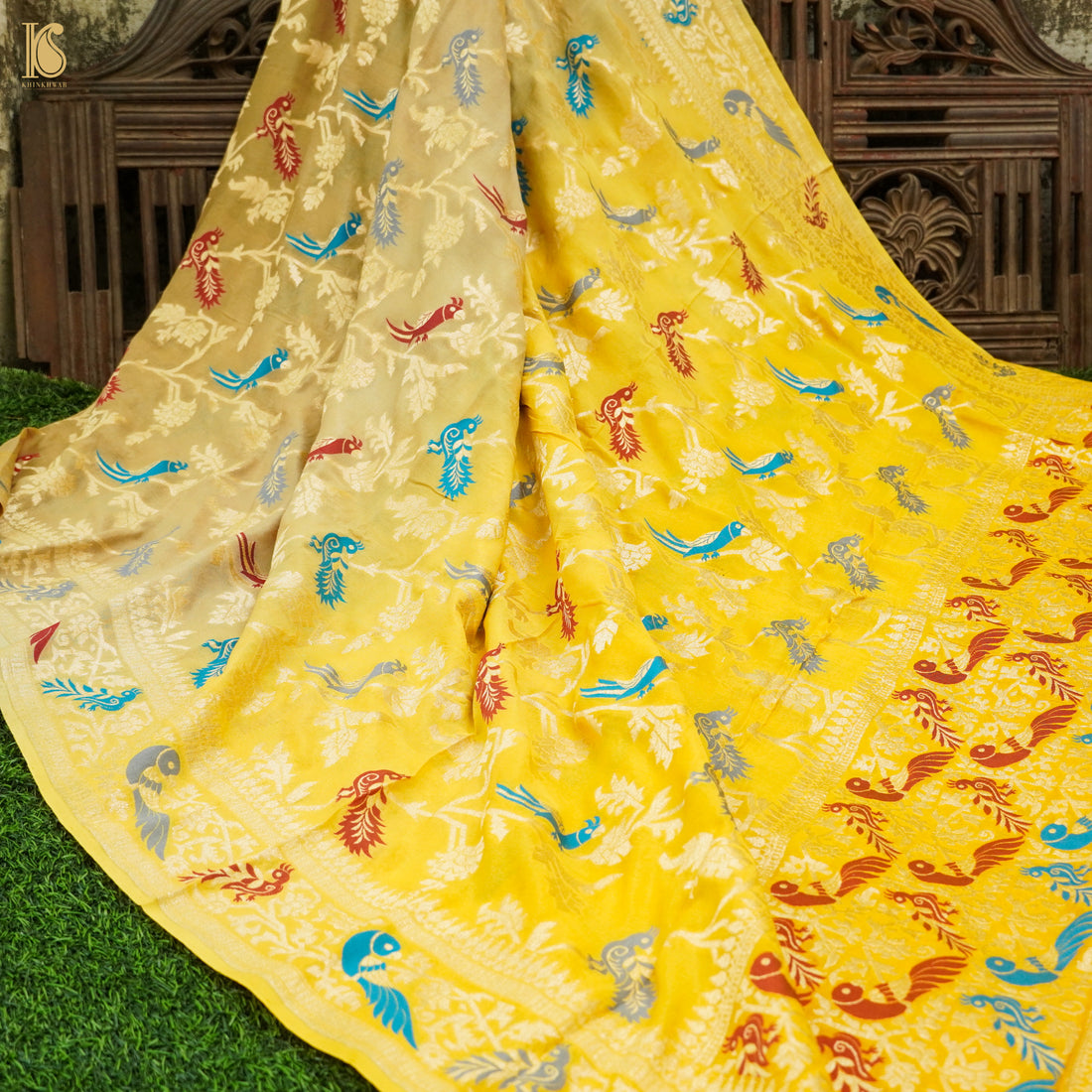 Shaded Yellow Pure Georgette Banarasi Meenakari Birds Dupatta - Khinkhwab