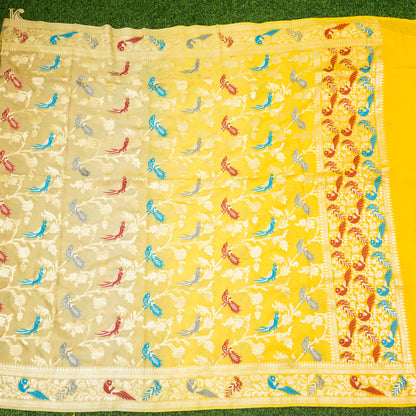 Shaded Yellow Pure Georgette Banarasi Meenakari Birds Dupatta - Khinkhwab