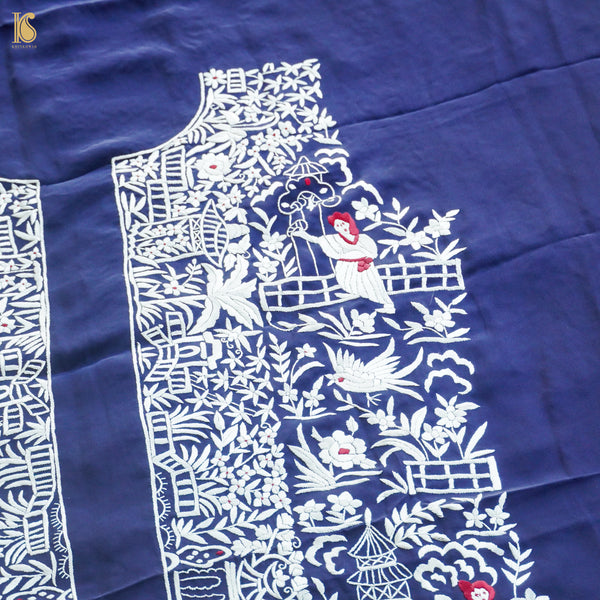 白色手工 Parsi Gara 粘胶乔其纱 Kurta 面料