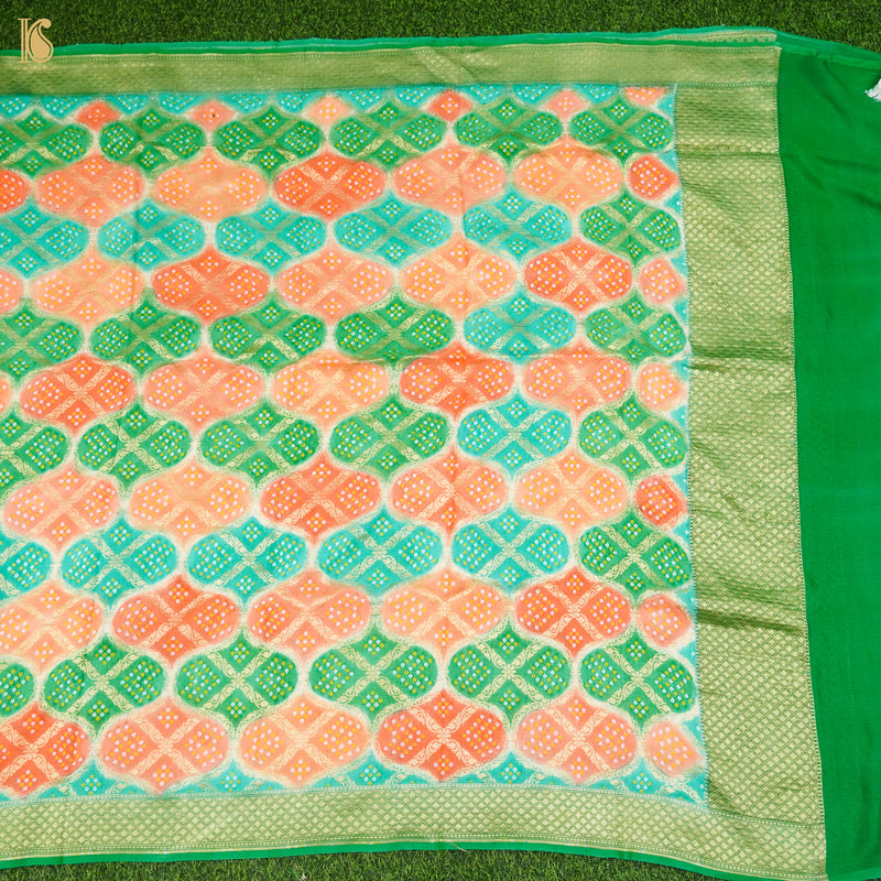 Green & Peach Pure Georgette Banarasi Dupatta with Woven Dots - Khinkhwab